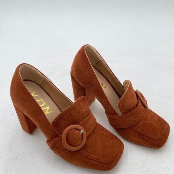 YDN Women Chunky High Heel Square Toe Loafer with Buckle Slip On Suede Office - Picture 1 of 7